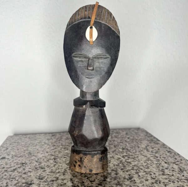 African Brown and Black Mini Mask Statue with Shell Detail