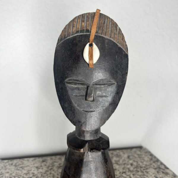 African Brown and Black Mini Mask Statue with Shell Detail - Image 2