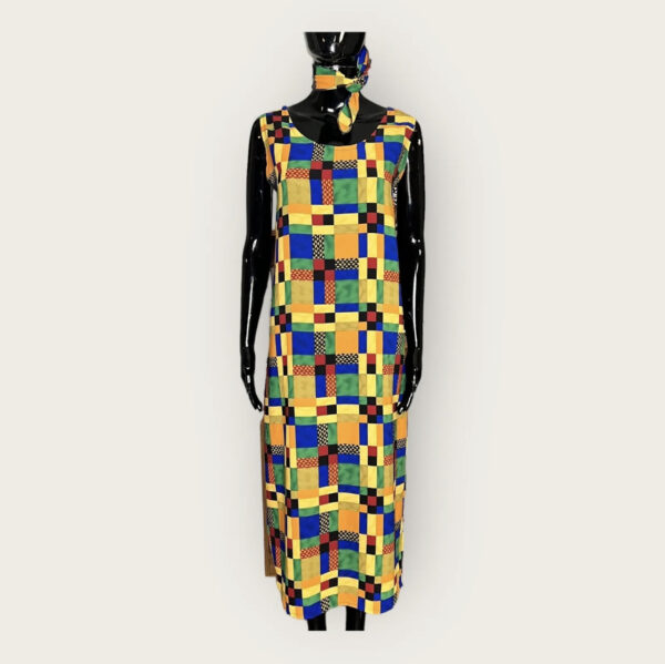 (Medium) Vintage Ghana Print Women Loose Fit MIDI Dress