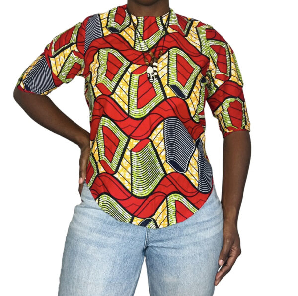 (2XL) Red African Print Mid- Sleeve Women Blouse