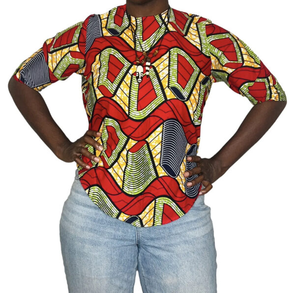 (2XL) Red African Print Mid- Sleeve Women Blouse - Image 2