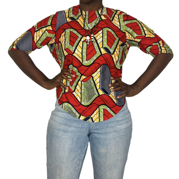 (2XL) Red African Print Mid- Sleeve Women Blouse - Image 3