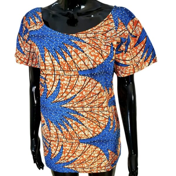 African Print Orange and Blue Blouse with Rhinestones - Image 2