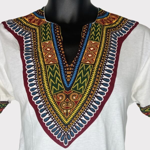 (Small) White Dashiki Print Embroidery Unisex Men And Women T-Shirt - Image 3