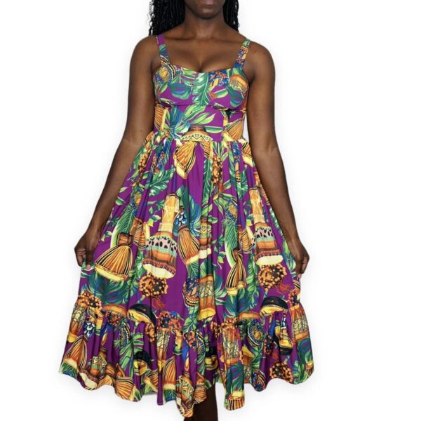 (Medium) Purple African Pin Up Style Women Midi Dress With Drum Print Details