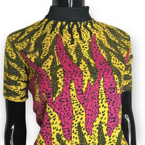 (Medium) African Print Turtleneck Pink and Yellow Blouse - Image 3