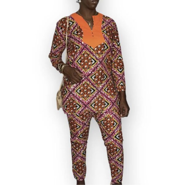 (Medium) Women Nigerian Senator Style Orange And Multi Color Top And Pants