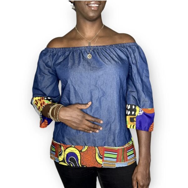 (Large) Women Loose Fit Blue Jean Blouse With Multi Color Ankara Print Detail
