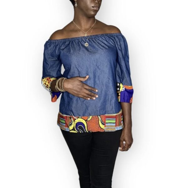 (Large) Women Loose Fit Blue Jean Blouse With Multi Color Ankara Print Detail - Image 2