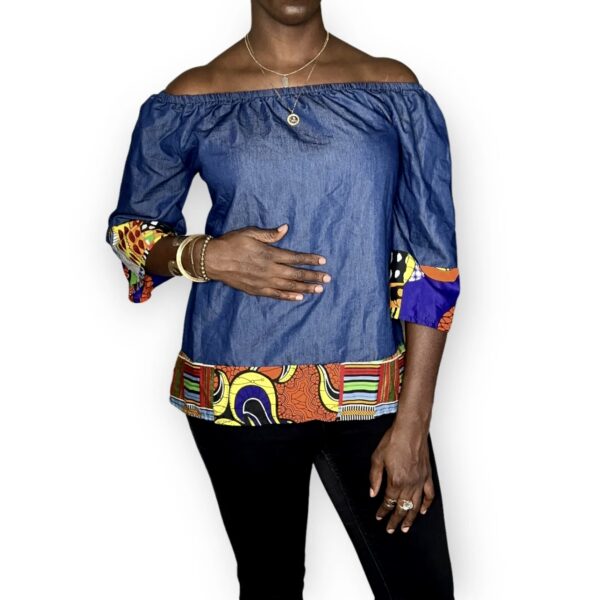 (Large) Women Loose Fit Blue Jean Blouse With Multi Color Ankara Print Detail - Image 3