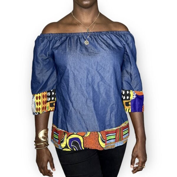 (Large) Women Loose Fit Blue Jean Blouse With Multi Color Ankara Print Detail - Image 4