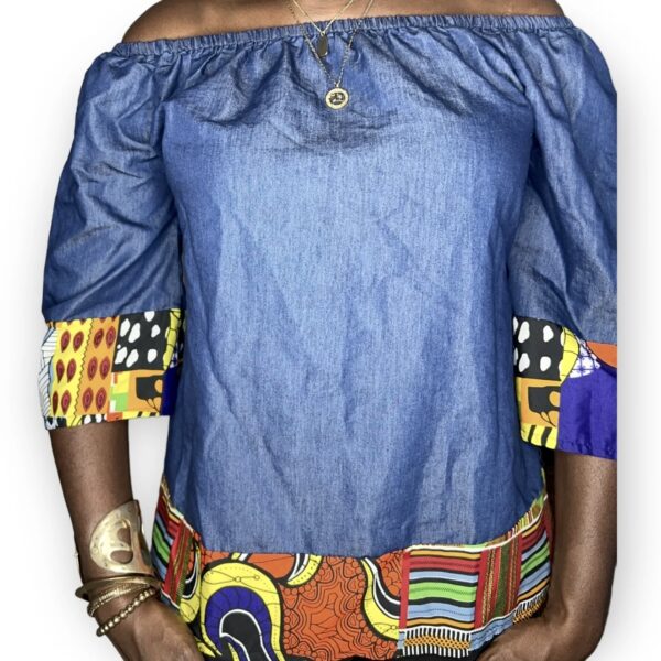 (Large) Women Loose Fit Blue Jean Blouse With Multi Color Ankara Print Detail - Image 5