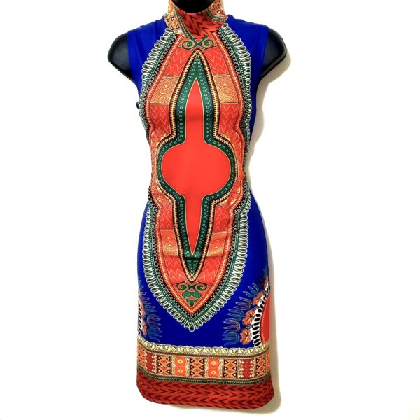 (Large) African Sleeveless Turtleneck Blue Stretchy Dashiki Dress