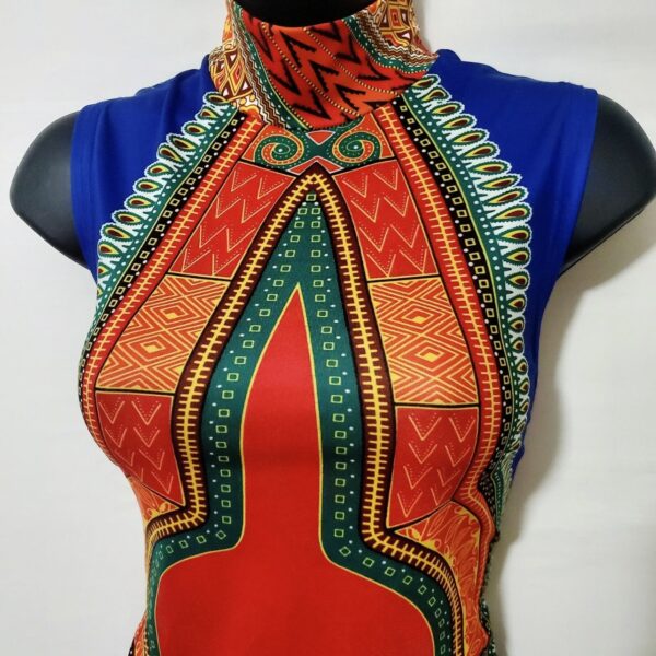 (Large) African Sleeveless Turtleneck Blue Stretchy Dashiki Dress - Image 2