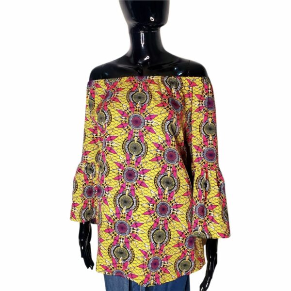 (2XL) African Print Off the Shoulders Pink and Yellow Bell Sleeve Women Blouse