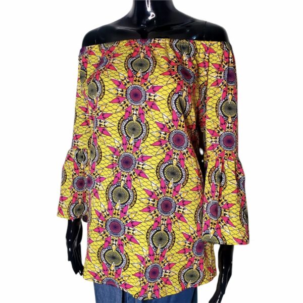 (2XL) African Print Off the Shoulders Pink and Yellow Bell Sleeve Women Blouse - Image 2