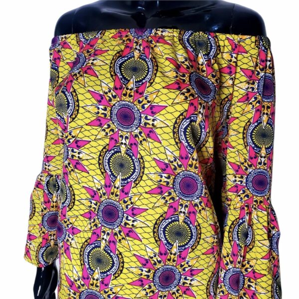 (2XL) African Print Off the Shoulders Pink and Yellow Bell Sleeve Women Blouse - Image 3