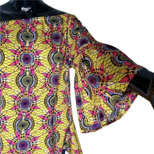 (2XL) African Print Off the Shoulders Pink and Yellow Bell Sleeve Women Blouse - Image 4