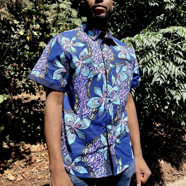 (2XL) Men African Print with Blue Flowers Collar Shirt