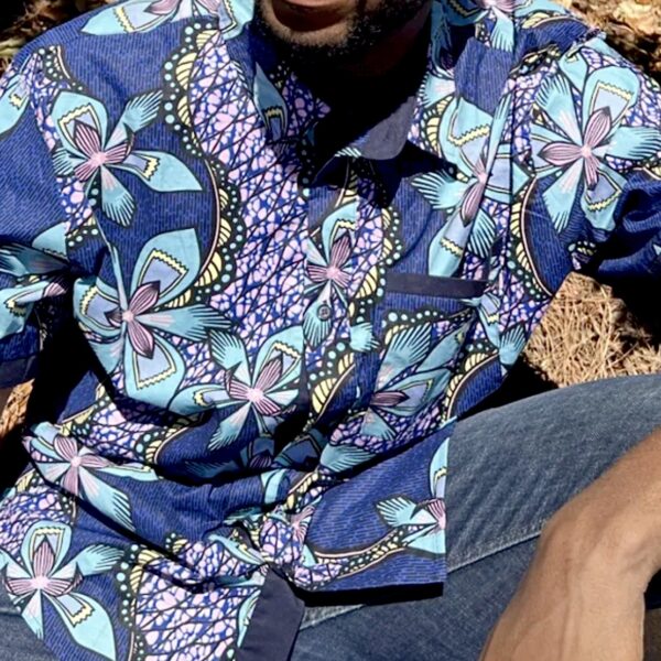 (2XL) Men African Print with Blue Flowers Collar Shirt - Image 2