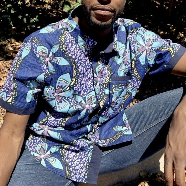 (2XL) Men African Print with Blue Flowers Collar Shirt - Image 3