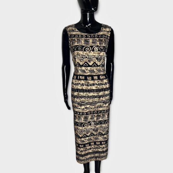 (Medium) Vintage Brown and Black Abstract Print Women MIDI Dress