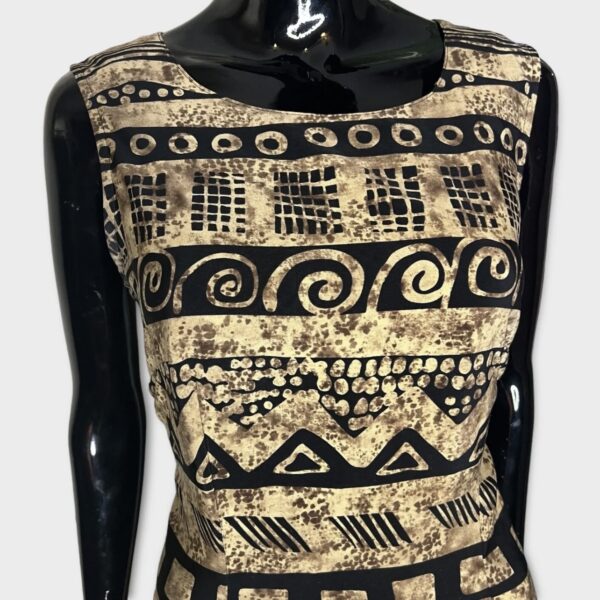 (Medium) Vintage Brown and Black Abstract Print Women MIDI Dress - Image 3