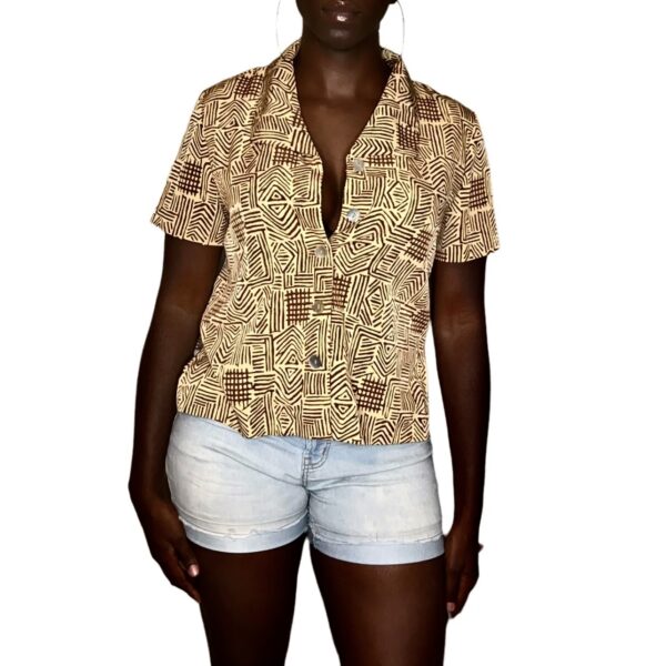 (Large) Vintage Light Brown Tribal Print Women Collar Shirt - Image 2