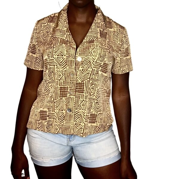 (Large) Vintage Light Brown Tribal Print Women Collar Shirt