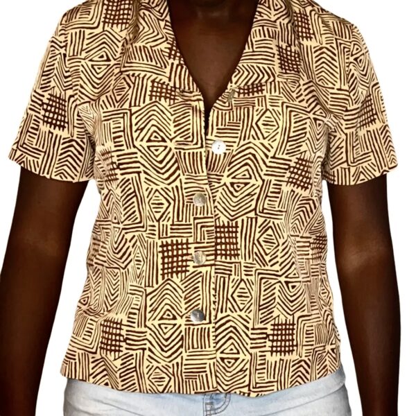 (Large) Vintage Light Brown Tribal Print Women Collar Shirt - Image 3
