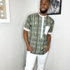 (Large) Forest Green African Nigerian Senator Style Men Top W/ White Embroidery Detail