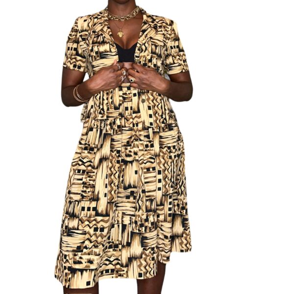 (XL) Vintage Brown Black & Beige Women Two Piece Blouse & Skirt