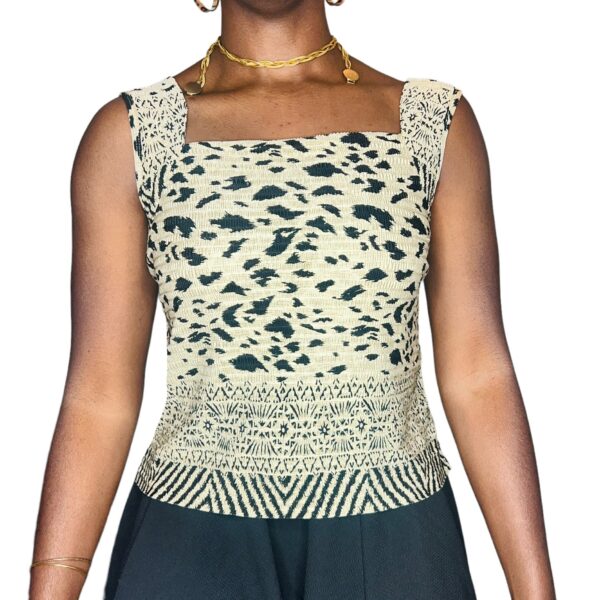 (XL) Vintage Square Neckline Beige & Black Animal Print Women Blouse - Image 5