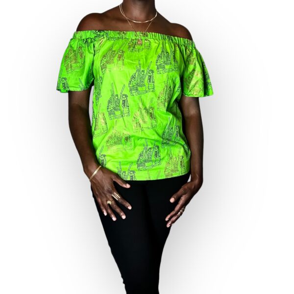 (Medium/ Large) Lime Green African Print Off The Shoulder Blouse - Image 2