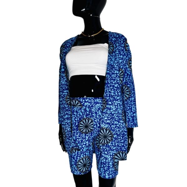 (XS) Two Piece Blue African Print Women, Cardigan, & Short Set