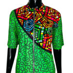 (Medium) Green Zip Up African Print Midi Dress w/ Side Multicolored African Print - Image 3