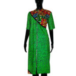 (Medium) Green Zip Up African Print Midi Dress w/ Side Multicolored African Print