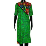 (Medium) Green Zip Up African Print Midi Dress w/ Side Multicolored African Print - Image 2