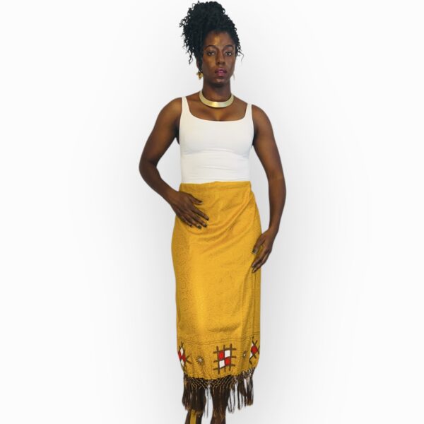 (2XL) African Traditional Vintage Long Yellow Embroidered Skirt