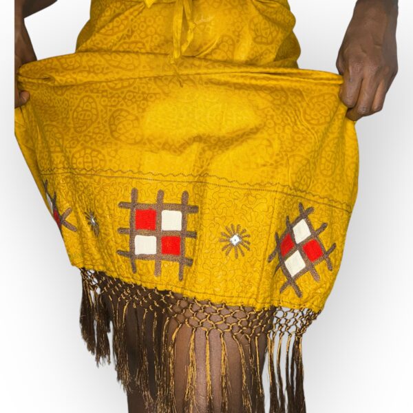 (2XL) African Traditional Vintage Long Yellow Embroidered Skirt - Image 4