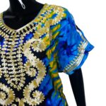 (L/XL) Blue & Yellow African Kaftan Embroidered Women Long Loose Fit Dress w/ Scarf - Image 4