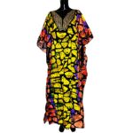 (One Size) African Print Multicolor Long Loose Fit Kaftan/ Agbada w/ Gold Beaded Embroidery - Image 2