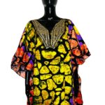 (One Size) African Print Multicolor Long Loose Fit Kaftan/ Agbada w/ Gold Beaded Embroidery - Image 3