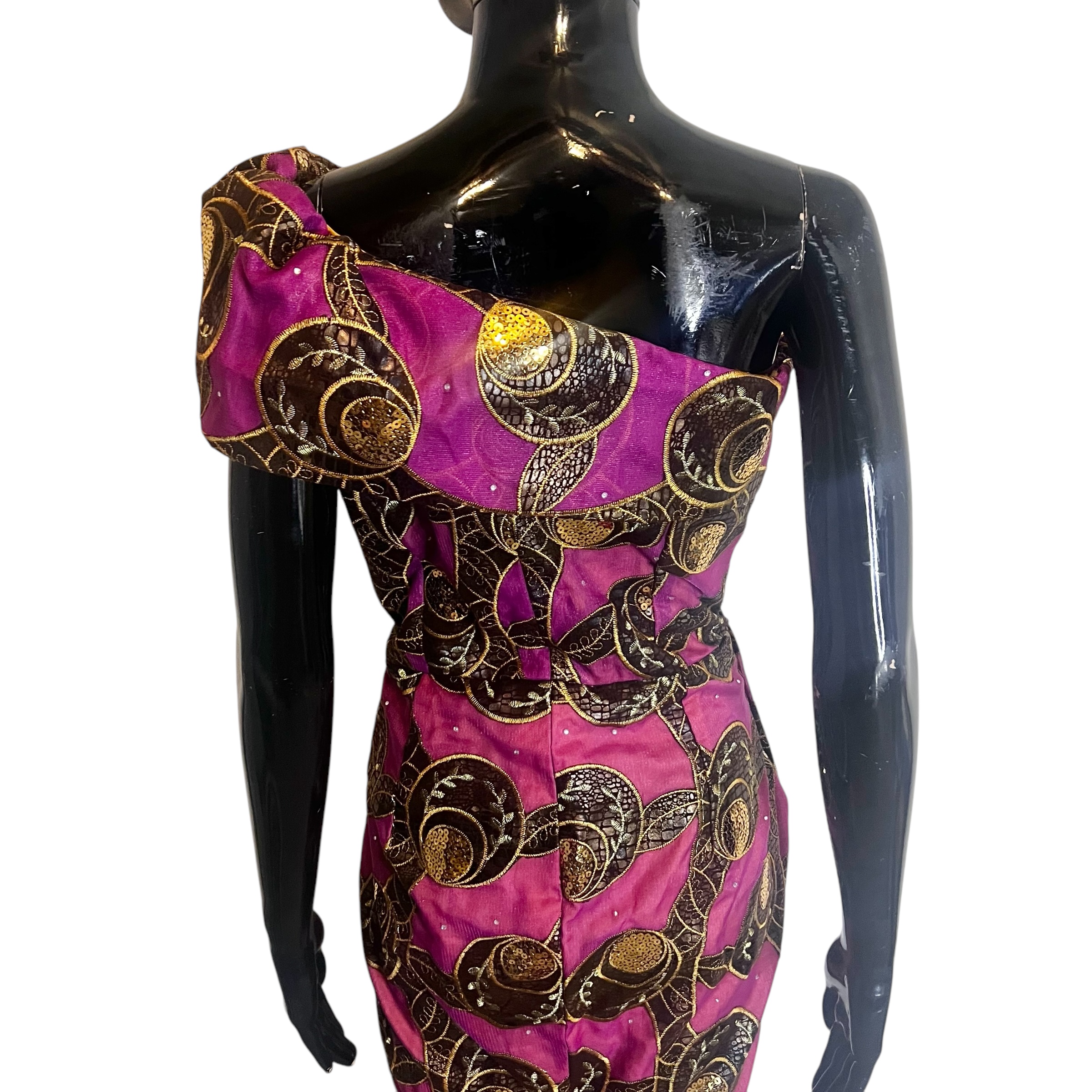 (M/S)African Nigerian Traditional Form Fitting Purple & Pink Off Shoulder, Long Dress - Image 5