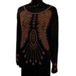 (One Size) Long Black Stretchy, African Dress With Gold Embroidered Metal Detail - Image 2