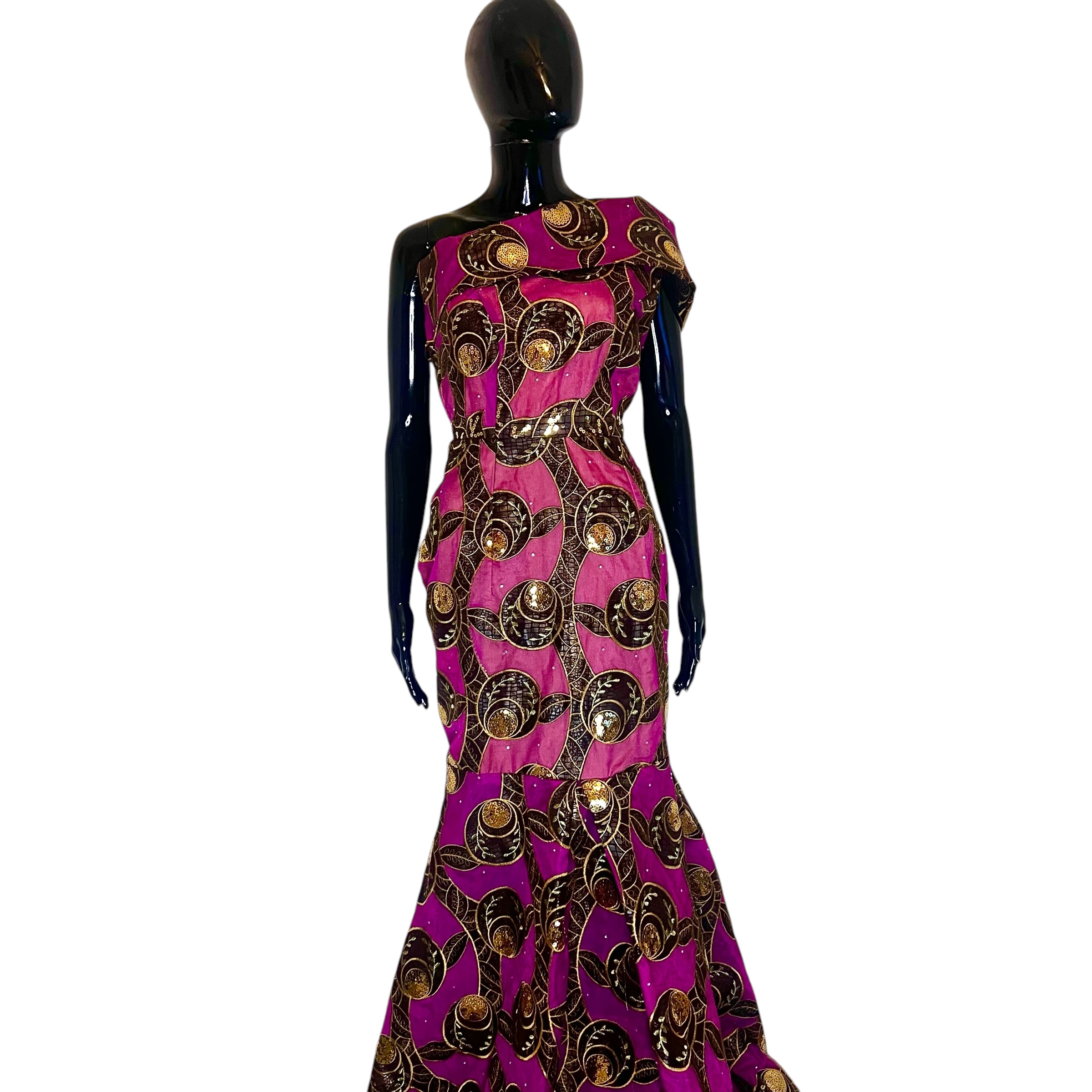 (M/S)African Nigerian Traditional Form Fitting Purple & Pink Off Shoulder, Long Dress - Image 2