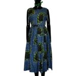 (L/XL) Blue & Green Ankara/African Print Women Cocktail Flare Out Midi Dress - Image 2