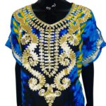 (L/XL) Blue & Yellow African Kaftan Embroidered Women Long Loose Fit Dress w/ Scarf - Image 3