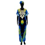 (L/XL) Blue & Yellow African Kaftan Embroidered Women Long Loose Fit Dress w/ Scarf