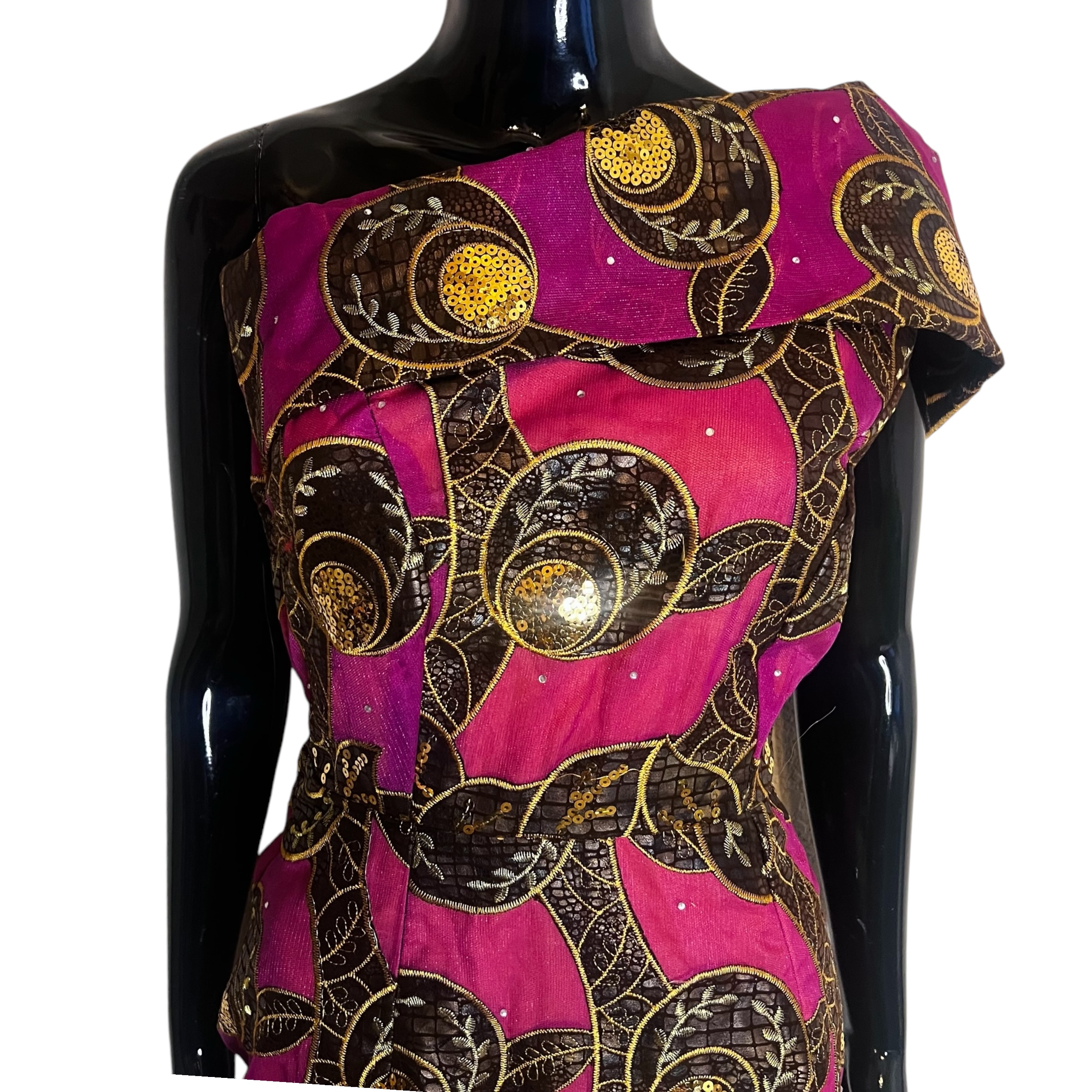 (M/S)African Nigerian Traditional Form Fitting Purple & Pink Off Shoulder, Long Dress - Image 3